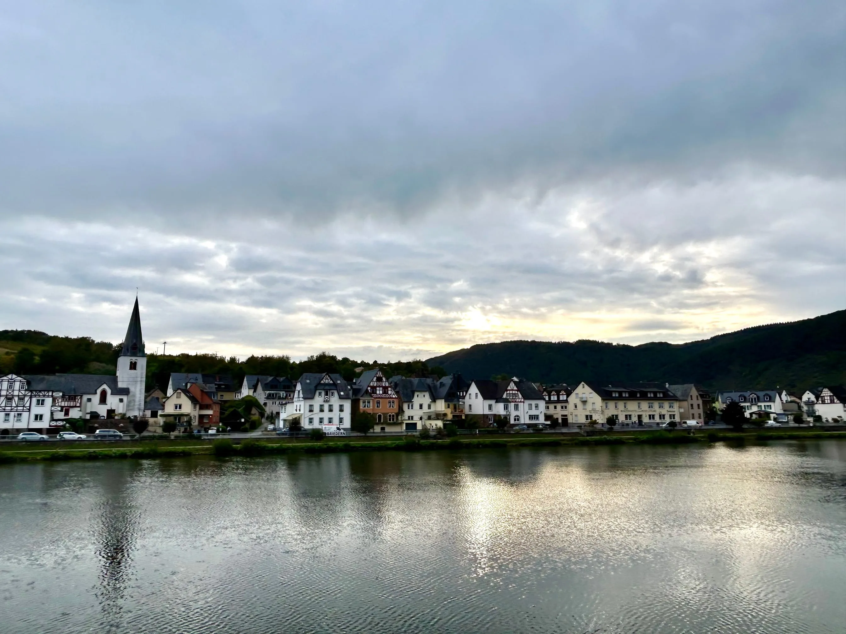 Briedern von der Mosel aus: der spitze Turm der Servatiuskirche, die Häuserzeile am Ufer, dahinter bewaldete Hänge