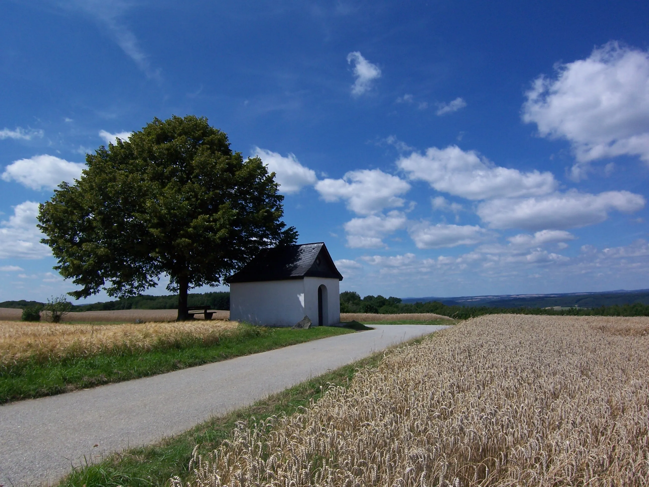 Das Lindenhäuschen bei Grenderich: ein weiß getünchtes Kapellchen unter einer Linde am Feldweg zwischen reifem Getreide