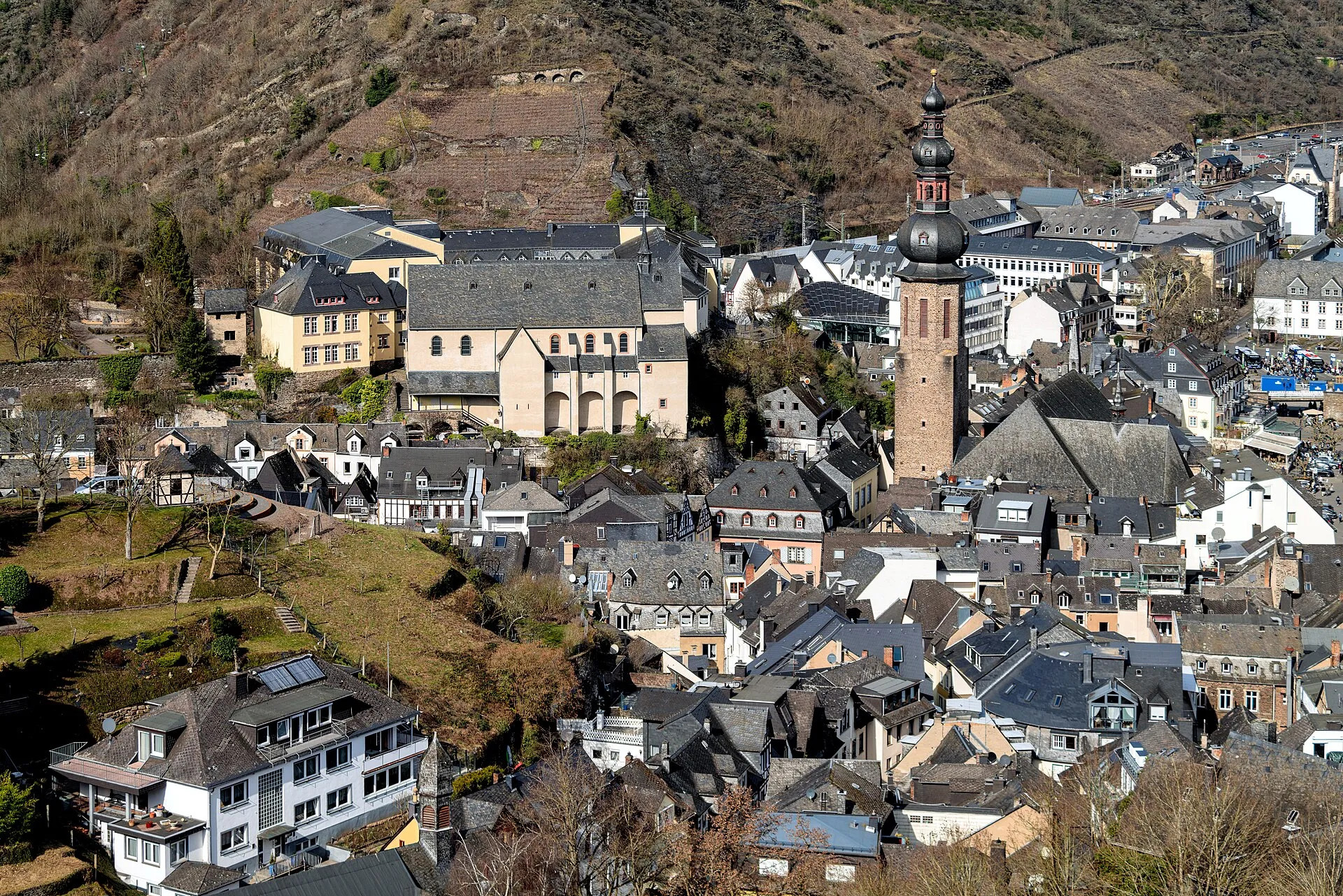 Blick von oben auf die dicht bebaute Altstadt mit Schieferdächern, Kirchturm und kahlen Hängen im Winterlicht