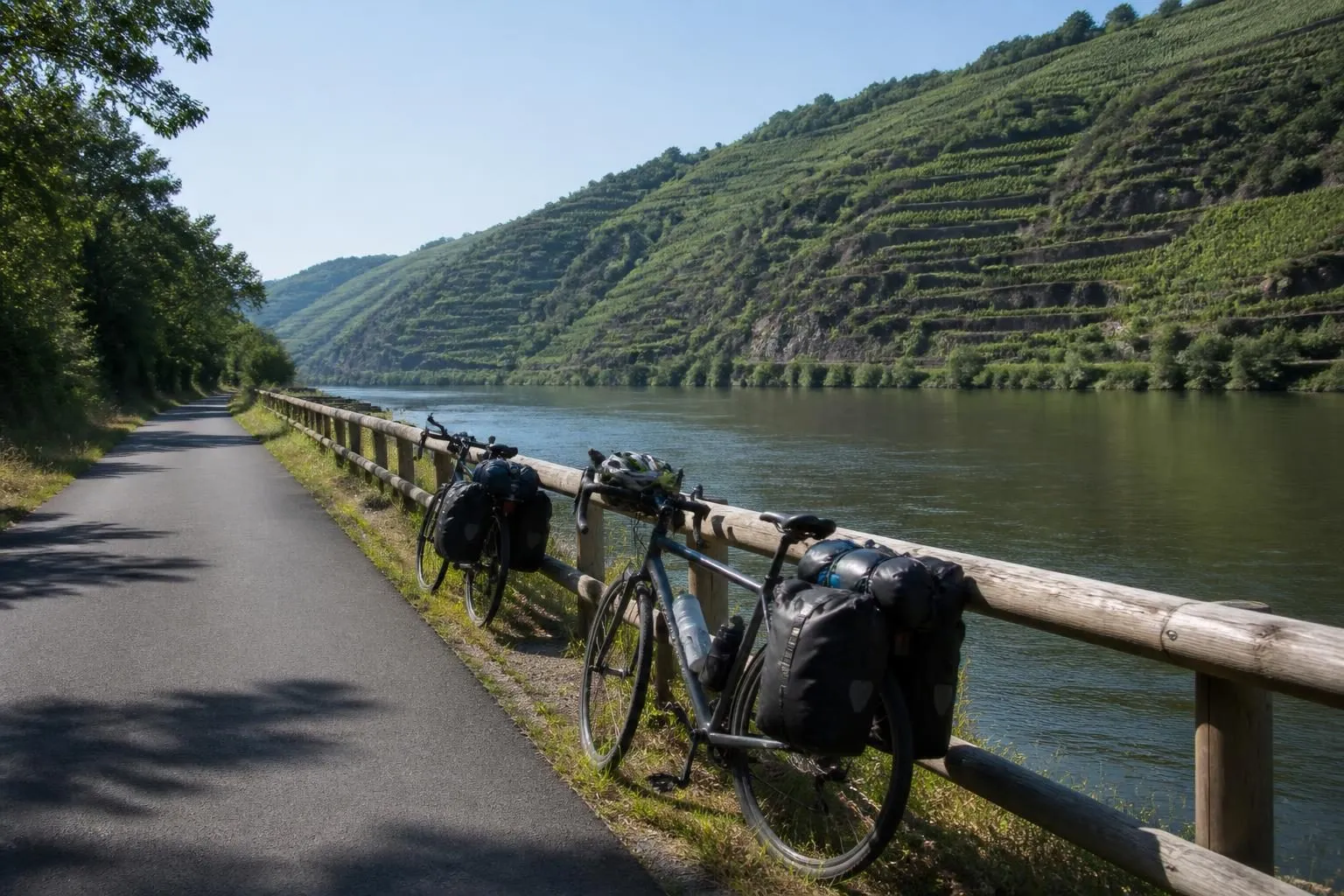 Fahrräder an einem Radweg entlang eines Flusses, dahinter Weinberge im Sommerlicht
