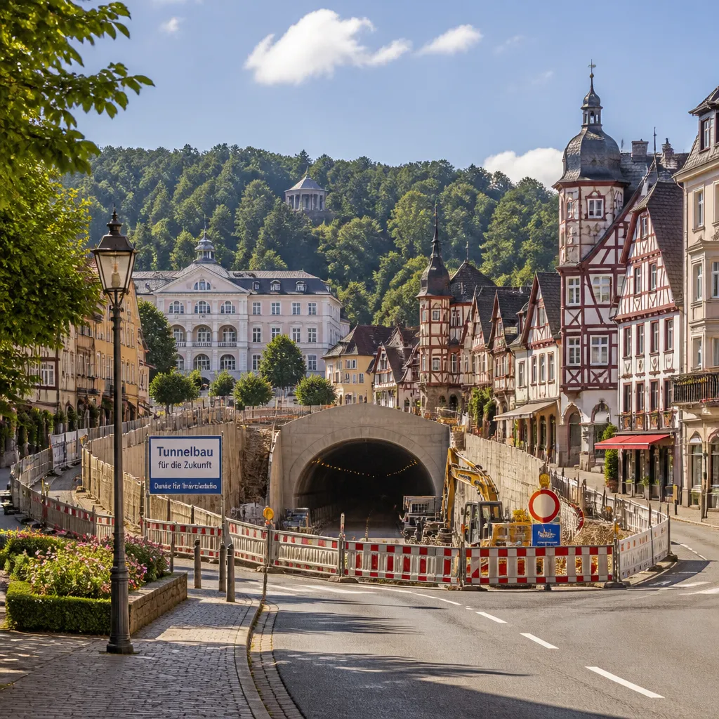 Straßenszene in Bad Bergzabern mit Tunnelbaustelle und sommerlicher Hitzeatmosphäre