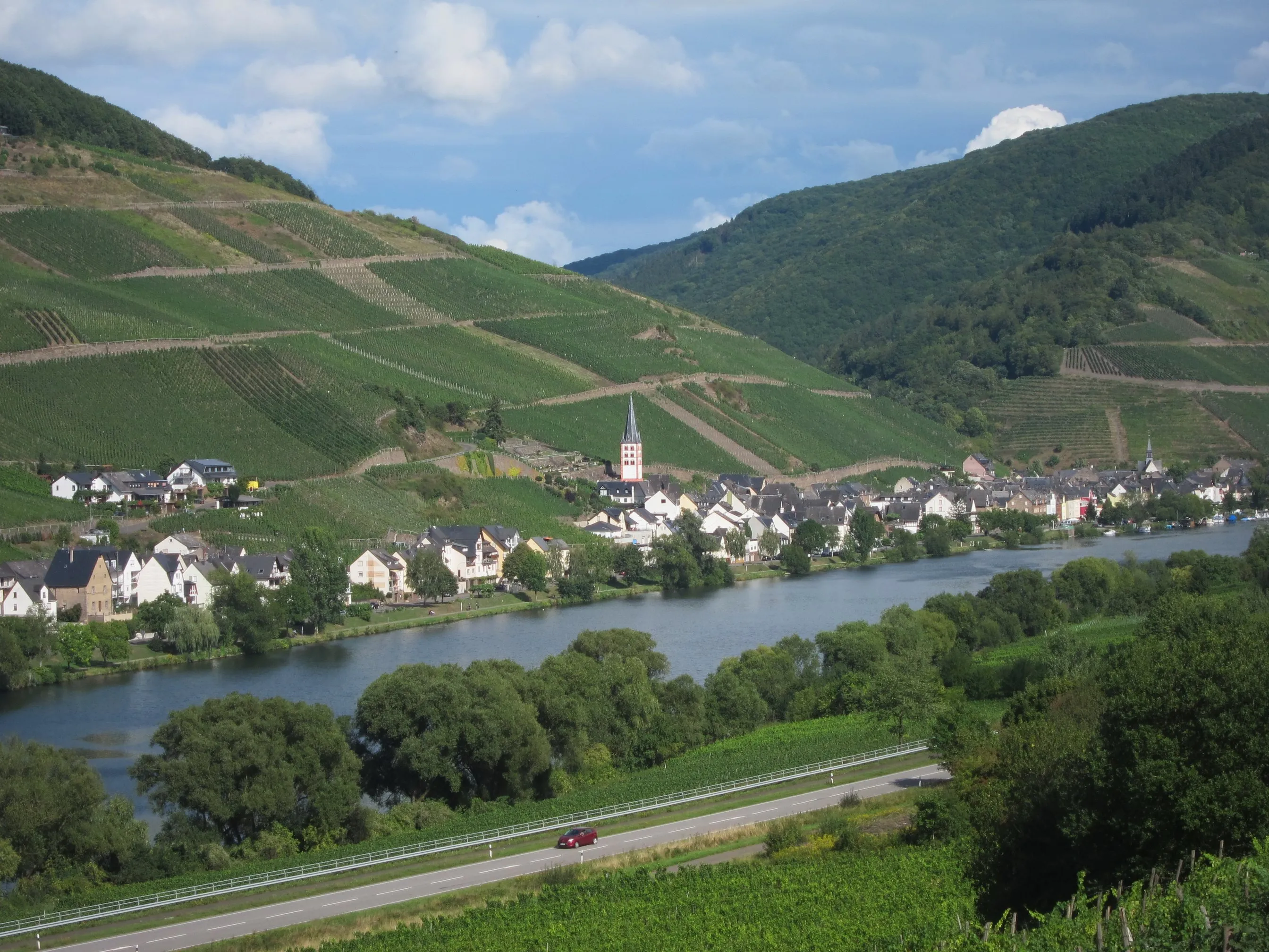Blick über die Mosel auf Merl mit Kirchturm, dahinter Weinberge; im Vordergrund eine Uferstraße mit einem einzelnen Auto