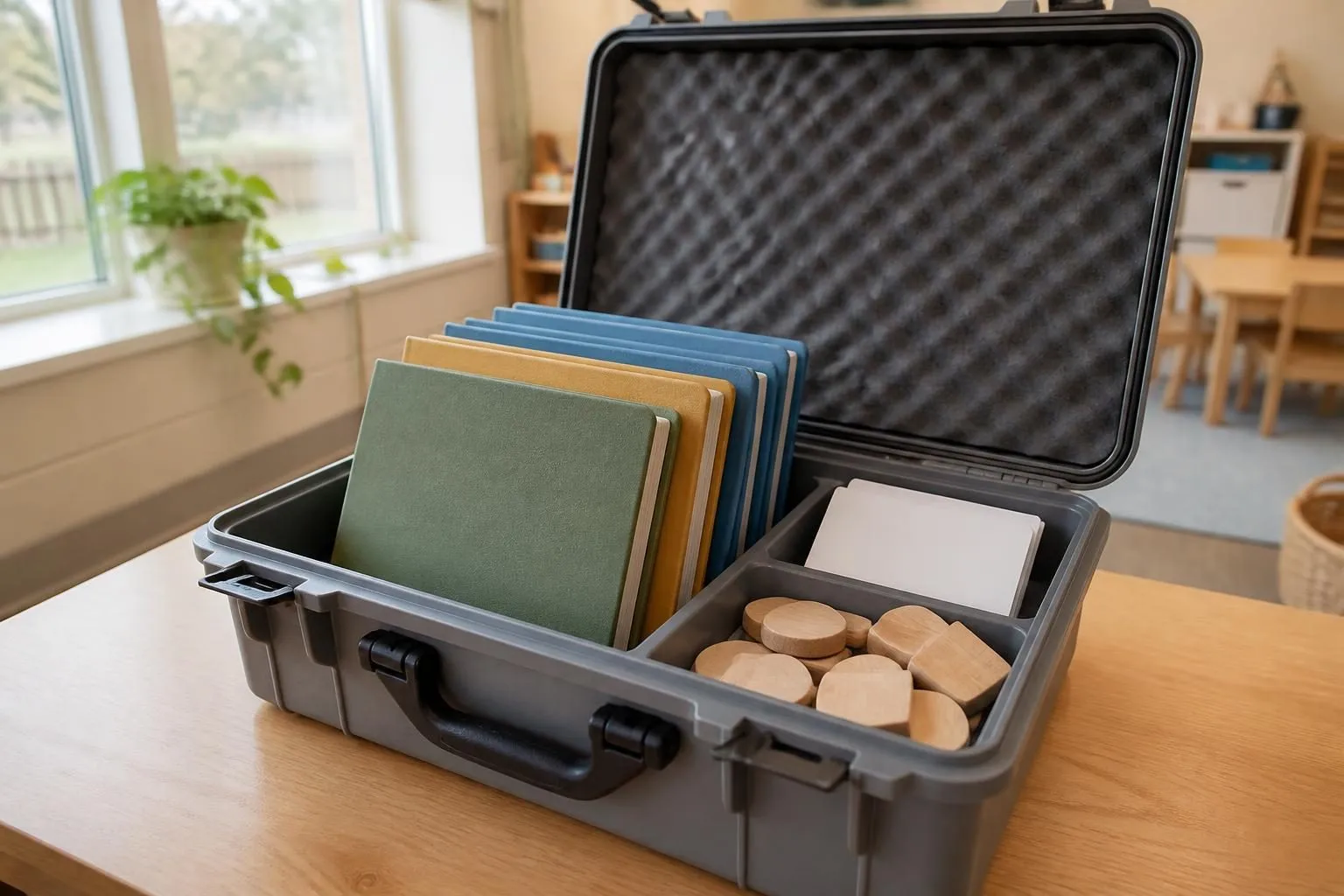 Geöffneter grauer Transportkoffer auf einem Holztisch, darin Bilderbücher mit unbedruckten Einbänden und leere Karten