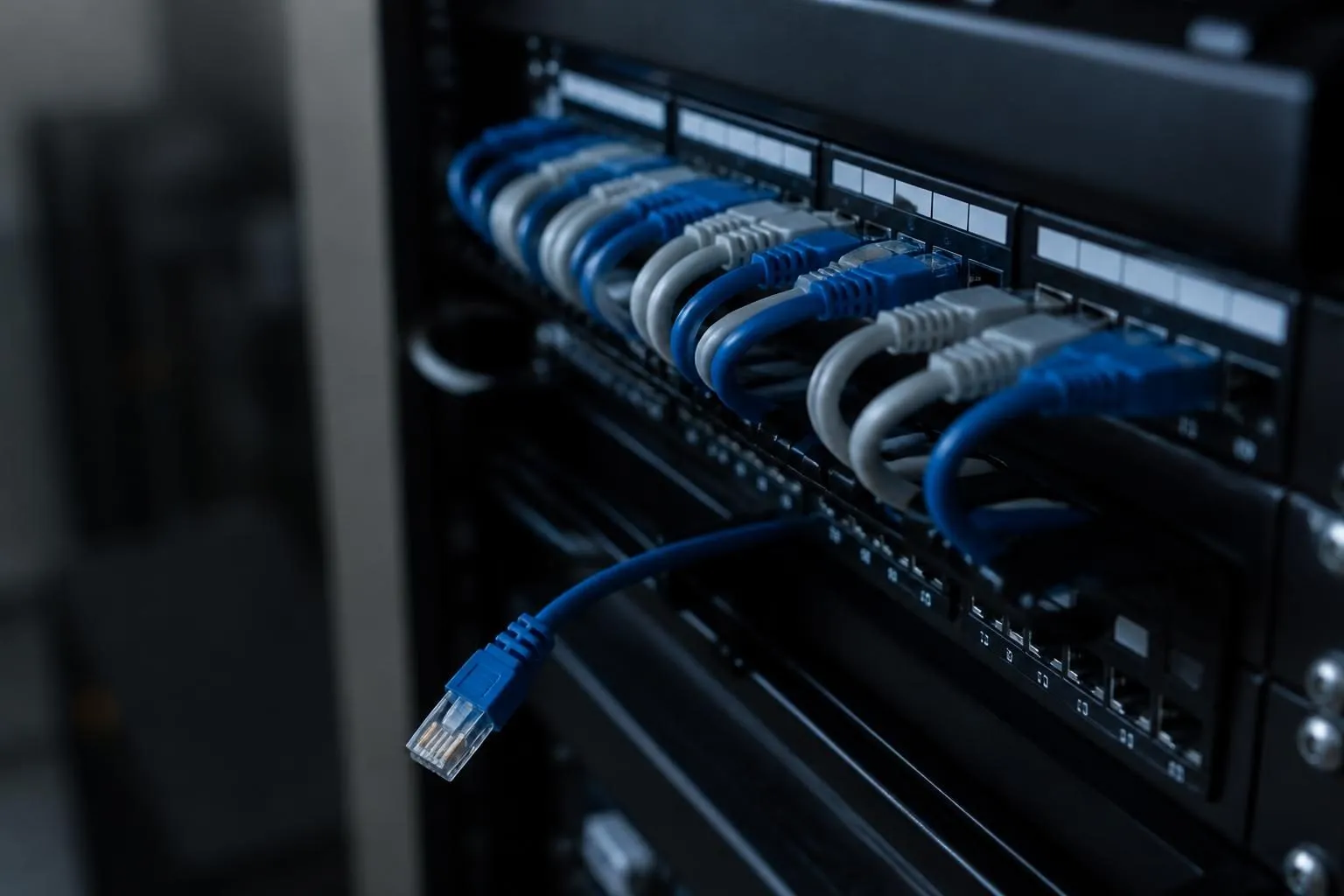 Netzwerkkabel in einem Patchfeld eines Serverschranks, ein blaues Kabel hängt lose davor