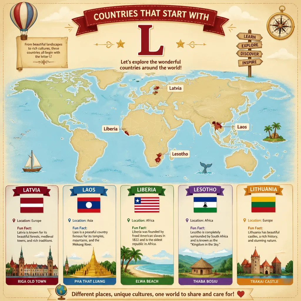Weltkarte mit hervorgehobenen Ländern mit L wie Laos, Lettland und Luxemburg