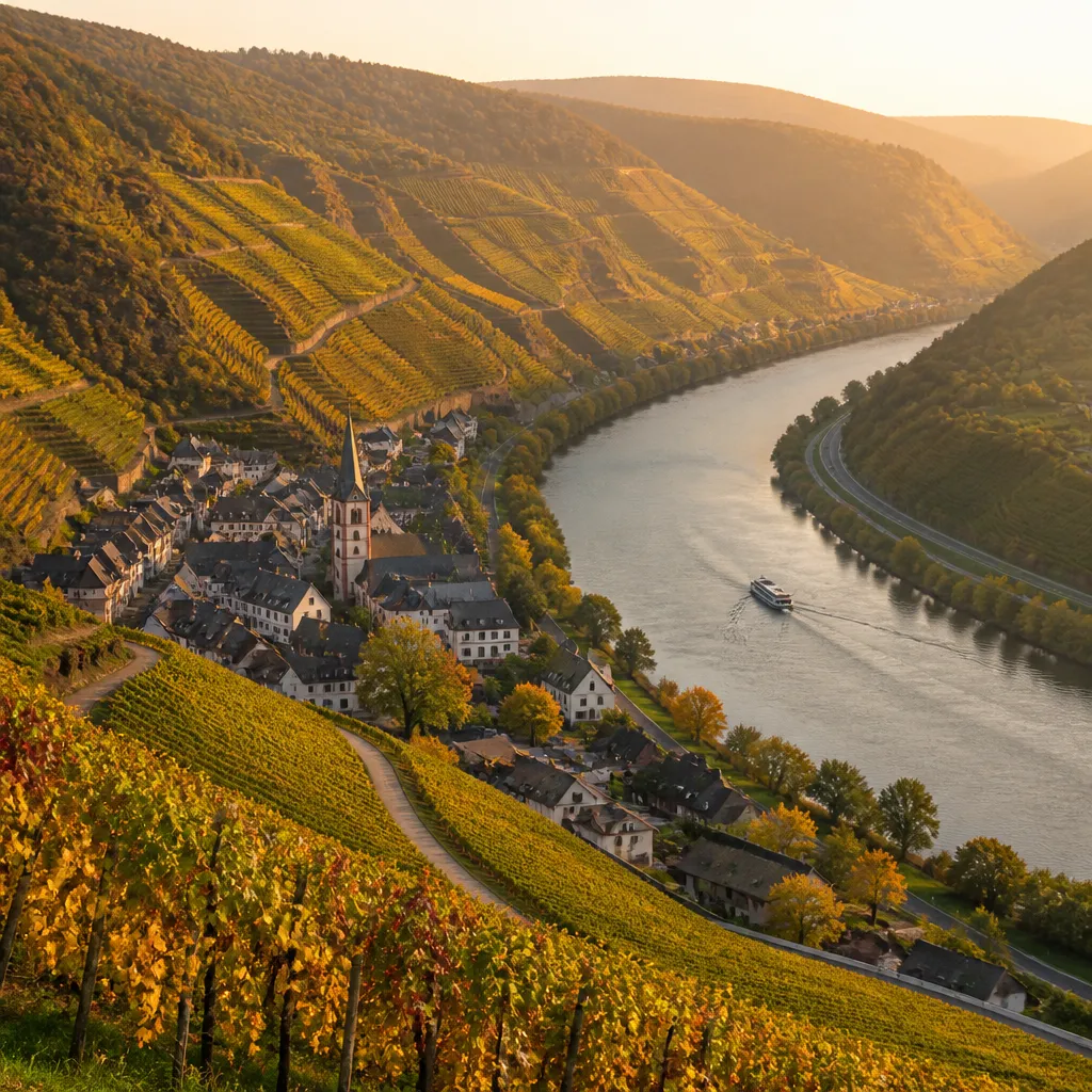 Steile Weinberge und Fachwerkdorf entlang der mäandernden Mosel im Herbstlicht