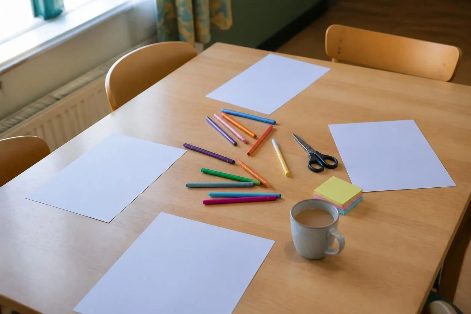 Heller Holztisch mit leeren Papierbogen, bunten Filzstiften, Haftnotizen, einer Schere und einer Tasse Kaffee