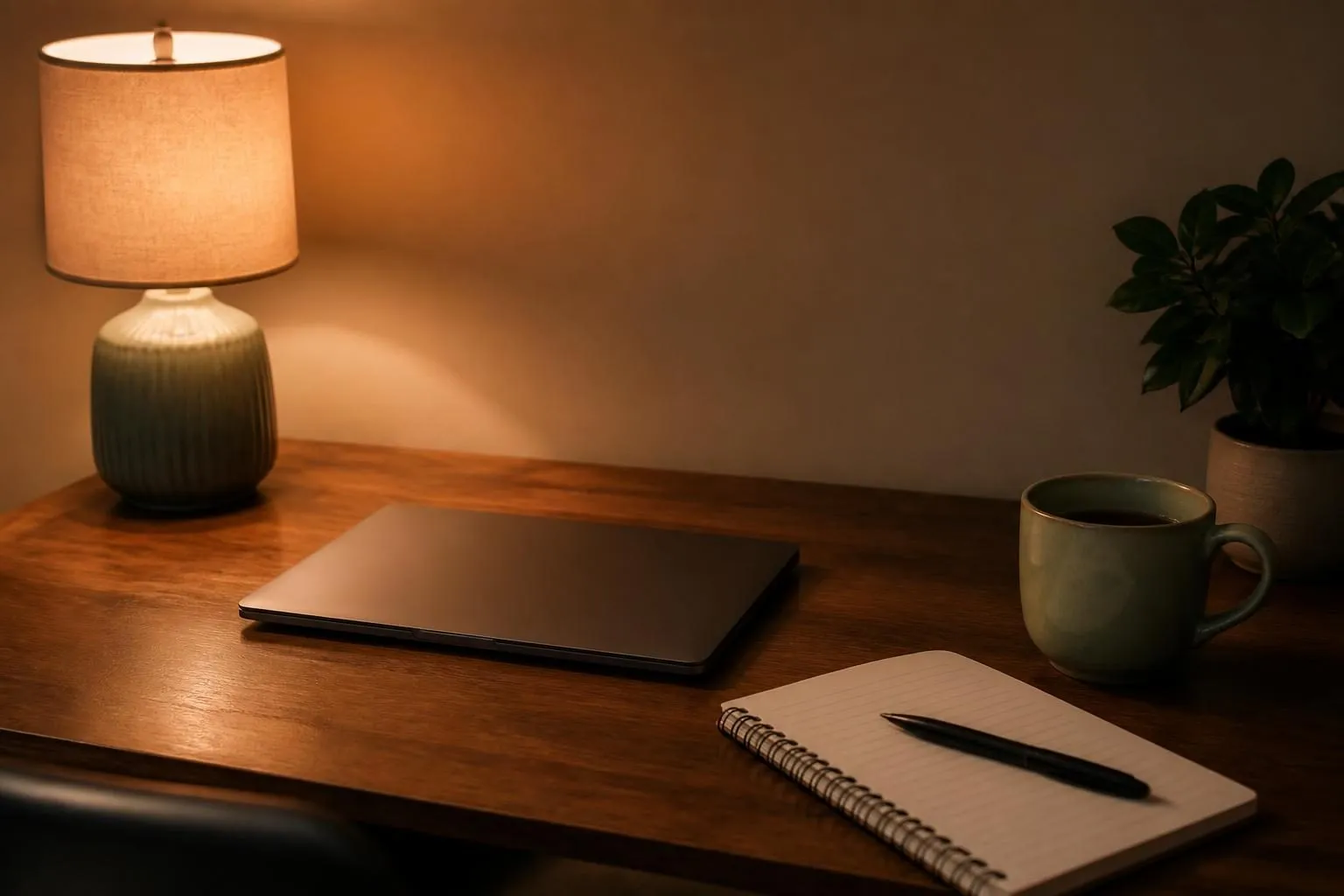 Schreibtisch am Abend mit geschlossenem Laptop, Notizblock, Stift und einer Tasse im Licht einer Tischlampe