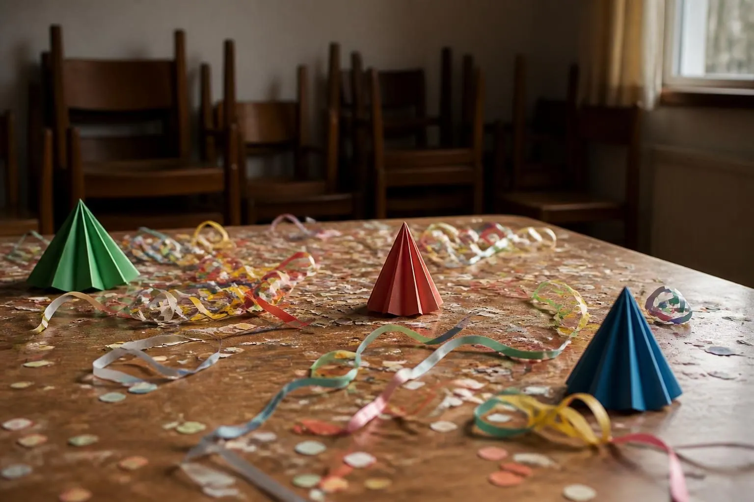 Bunte Luftschlangen, Konfetti und Papierhüte auf einem Holztisch in einem leeren Saal, dahinter unscharf gestapelte Stühle
