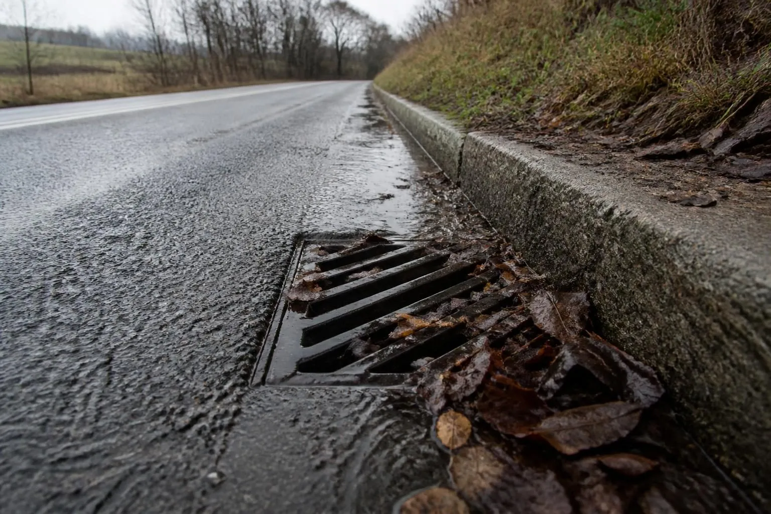 Straßenablauf am Bordstein einer Landstraße, zur Hälfte von nassem Laub verdeckt, Regenwasser läuft in der Rinne