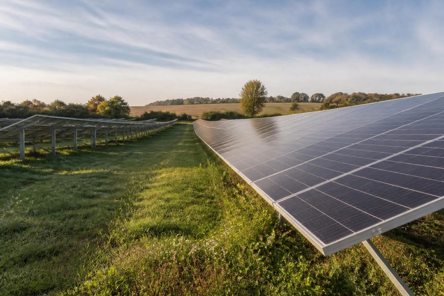 Reihen aufgeständerter Solarmodule auf einer Wiese, dahinter offenes Feld und eine Baumhecke im Morgenlicht