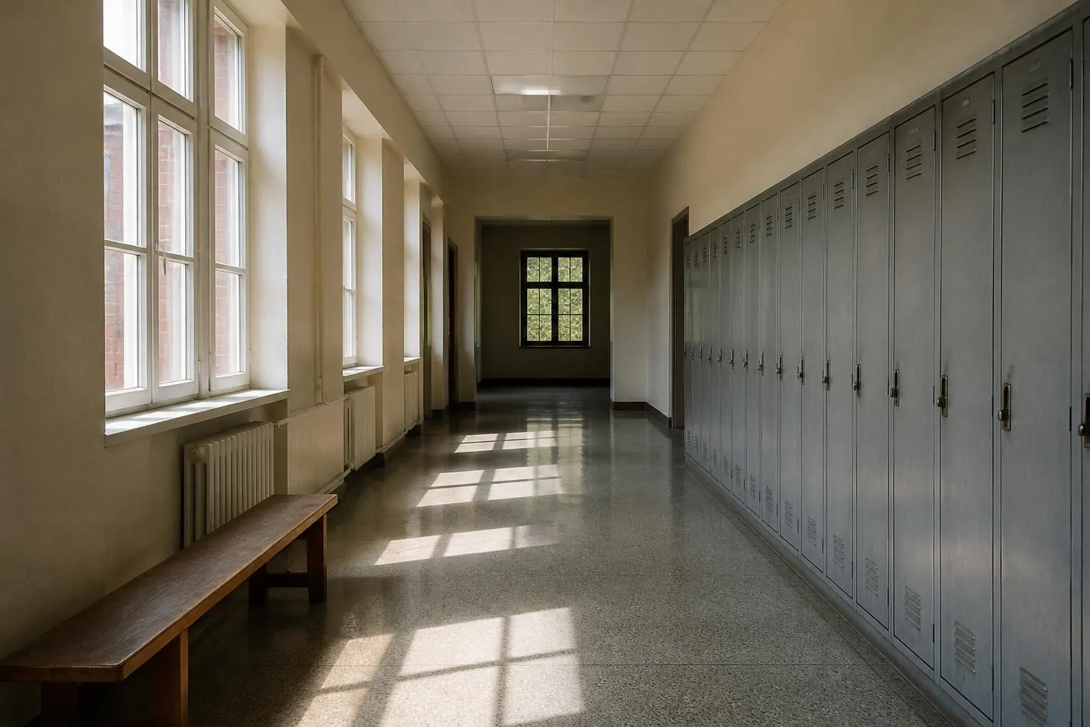 Leerer Schulflur mit einer Reihe schlichter Metallspinde und einer Holzbank, Morgenlicht durch hohe Fenster