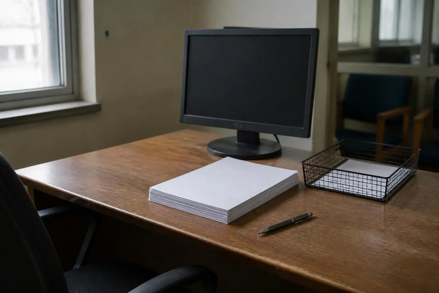 Ausgeschalteter Monitor auf einem Schreibtisch, daneben ein Stapel leerer Formulare, ein Kugelschreiber und ein Drahtkorb
