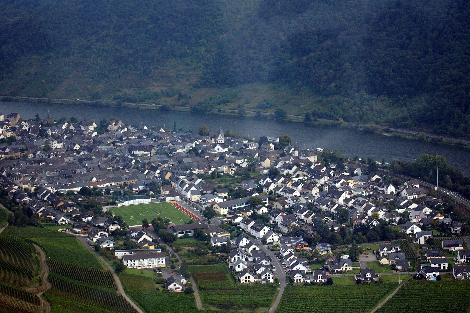 Luftaufnahme von Winningen an der Mosel mit Ortskern, Wohngebiet und den Weinbergen am Talrand