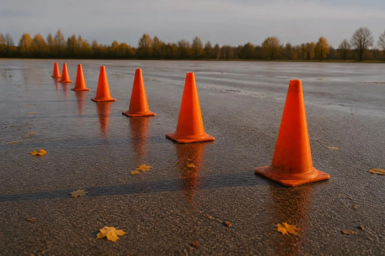 Reihe orangefarbener Verkehrsleitkegel auf nasser Asphaltfläche im flachen Herbstlicht, dazwischen einzelne gelbe Blätter