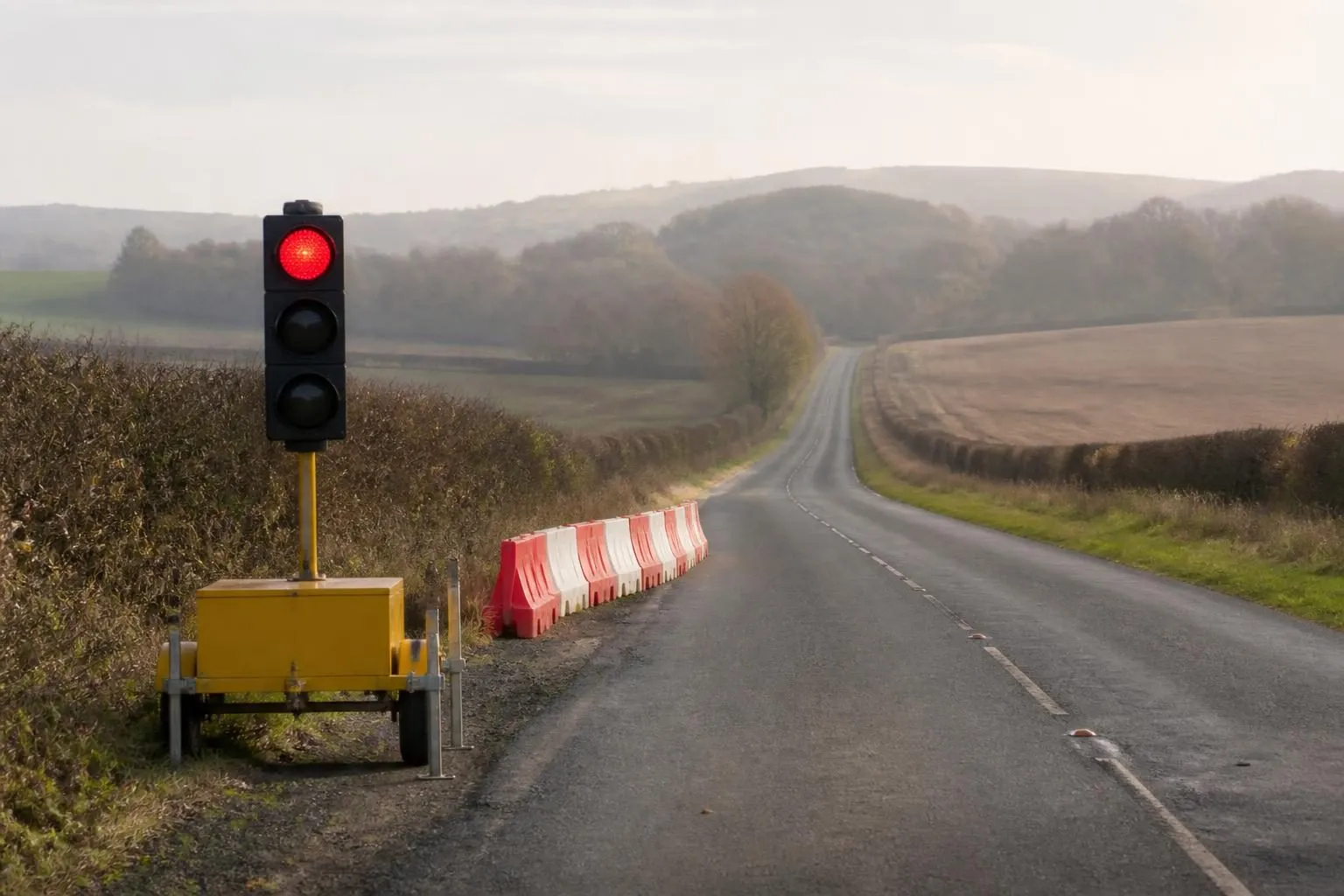 Mobile Baustellenampel auf einem gelben Anhänger am Rand einer schmalen Landstraße durch herbstliches Ackerland