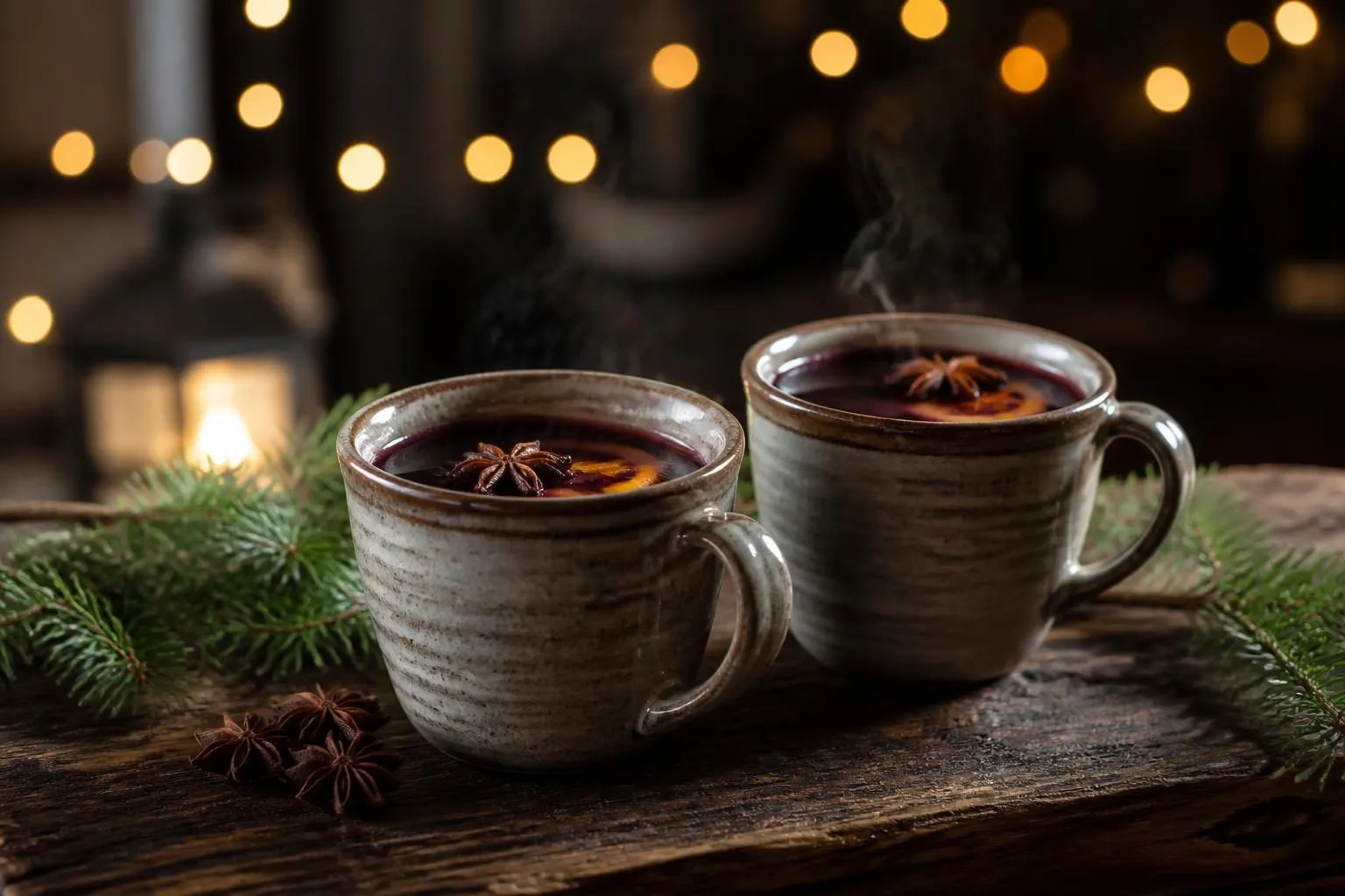 Zwei dampfende Becher Glühwein auf einer Holztheke, dahinter unscharfe Lichterketten