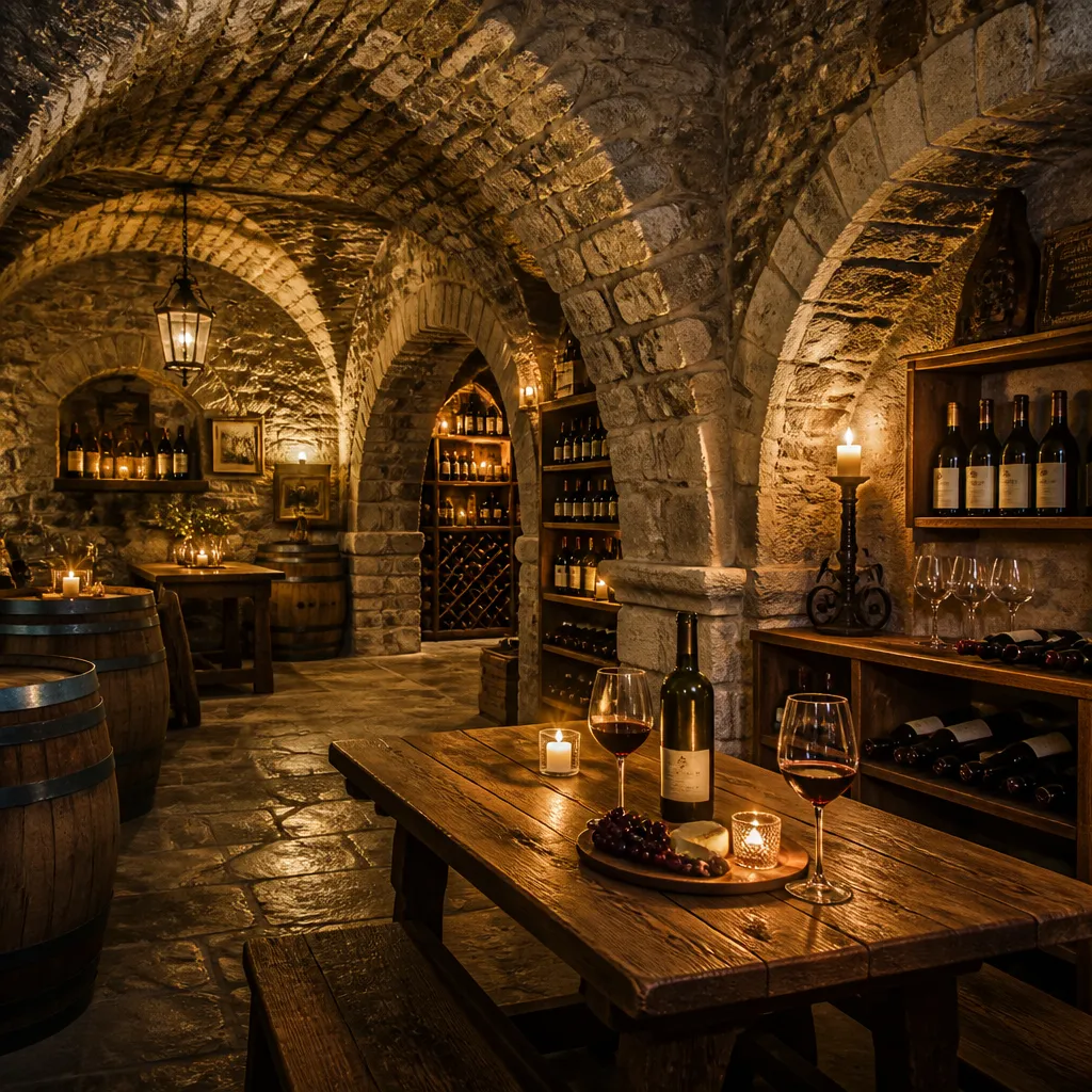 Historischer Gewölbekeller mit Holztischen, Kerzenlicht und Weinregalen in der Weinstube Zehntkeller Leinsweiler
