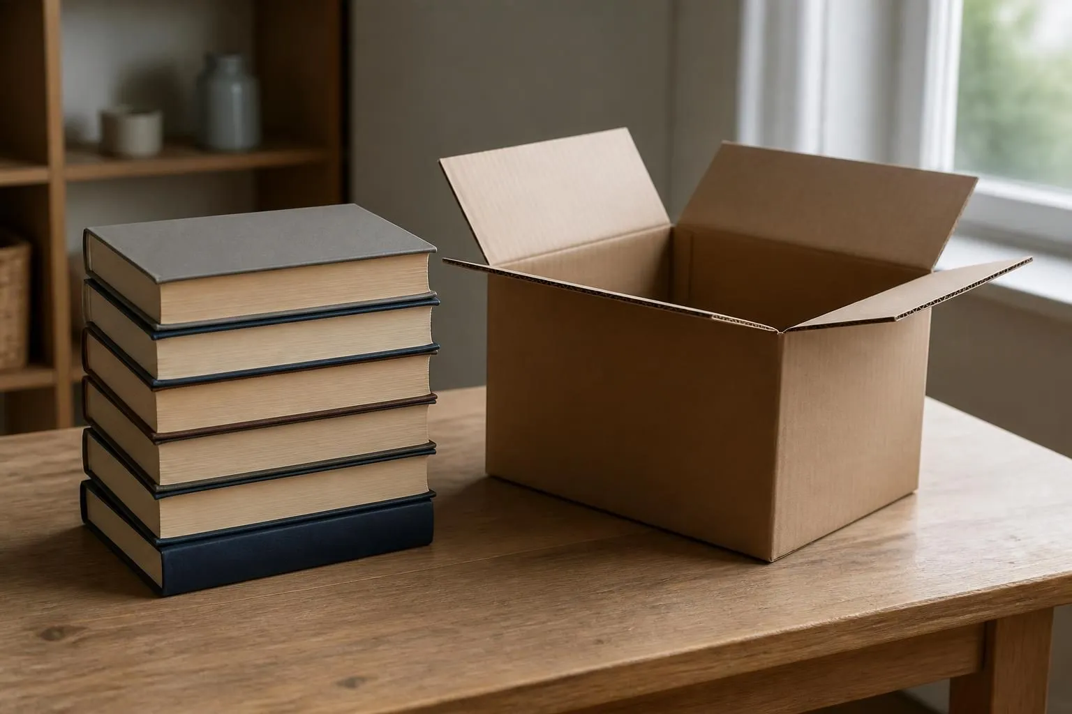 Stapel geschlossener Bücher mit schmucklosen Einbänden auf einem Holztisch, daneben ein leerer offener Pappkarton