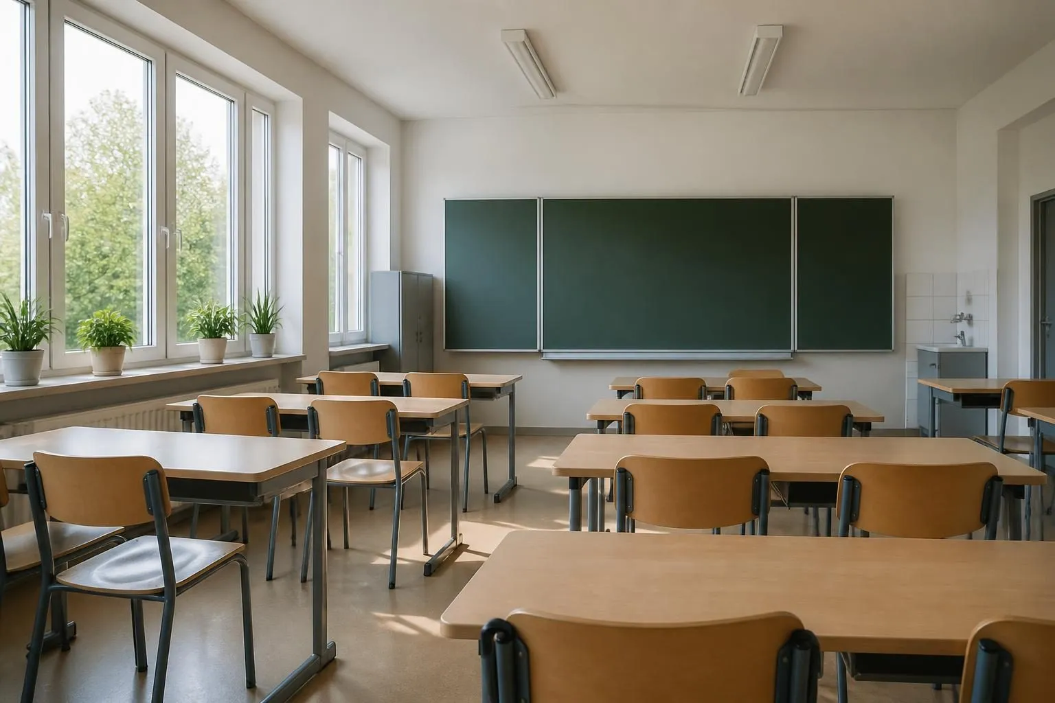 Ein leeres Klassenzimmer mit hellen Holztischen, Stahlrohrstühlen und einer unbeschriebenen grünen Tafel