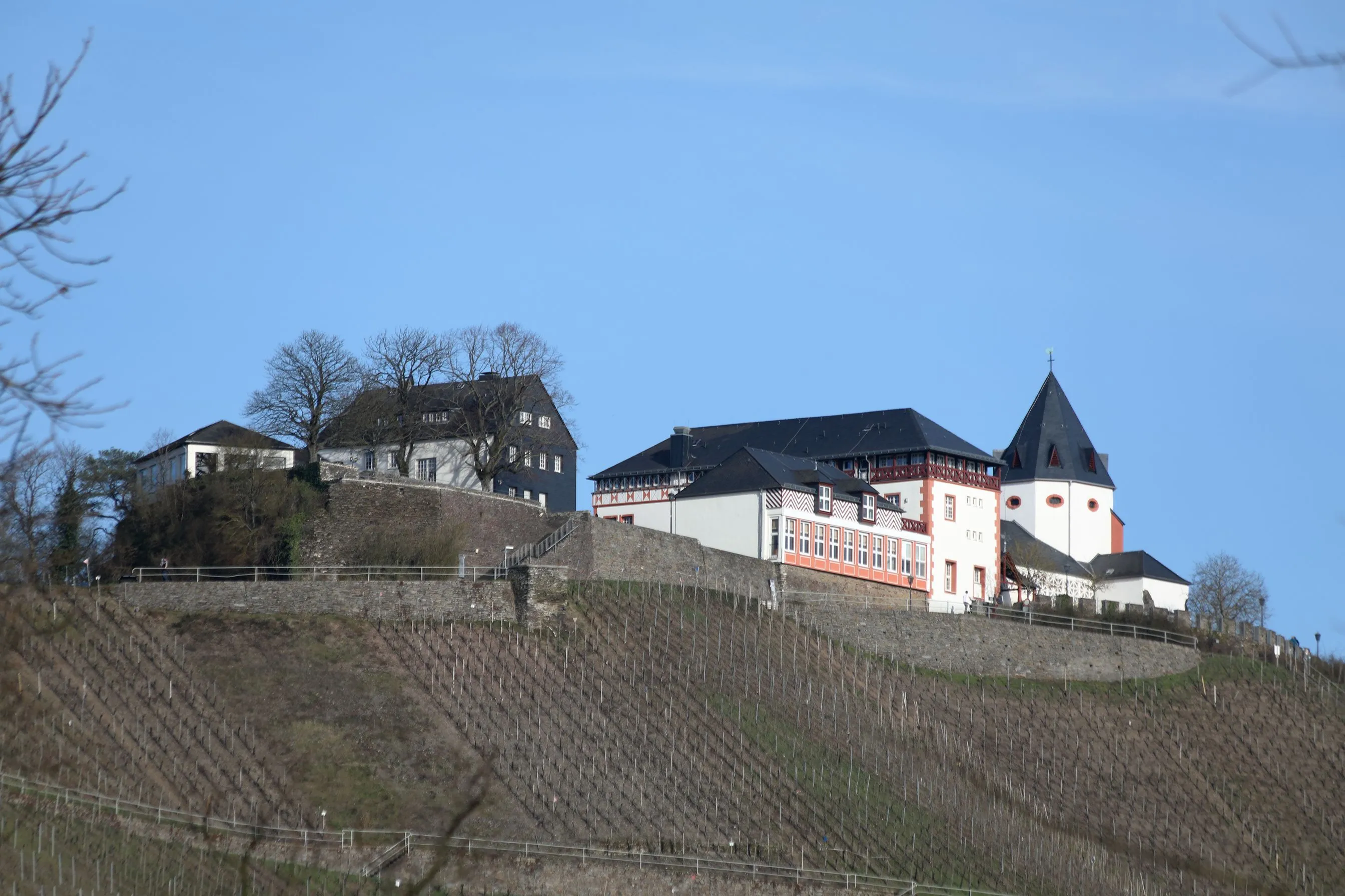 Die Marienburg auf dem Bergrücken über kahlen Weinbergen, rechts der Kirchturm mit spitzer Haube, links das Landhaus