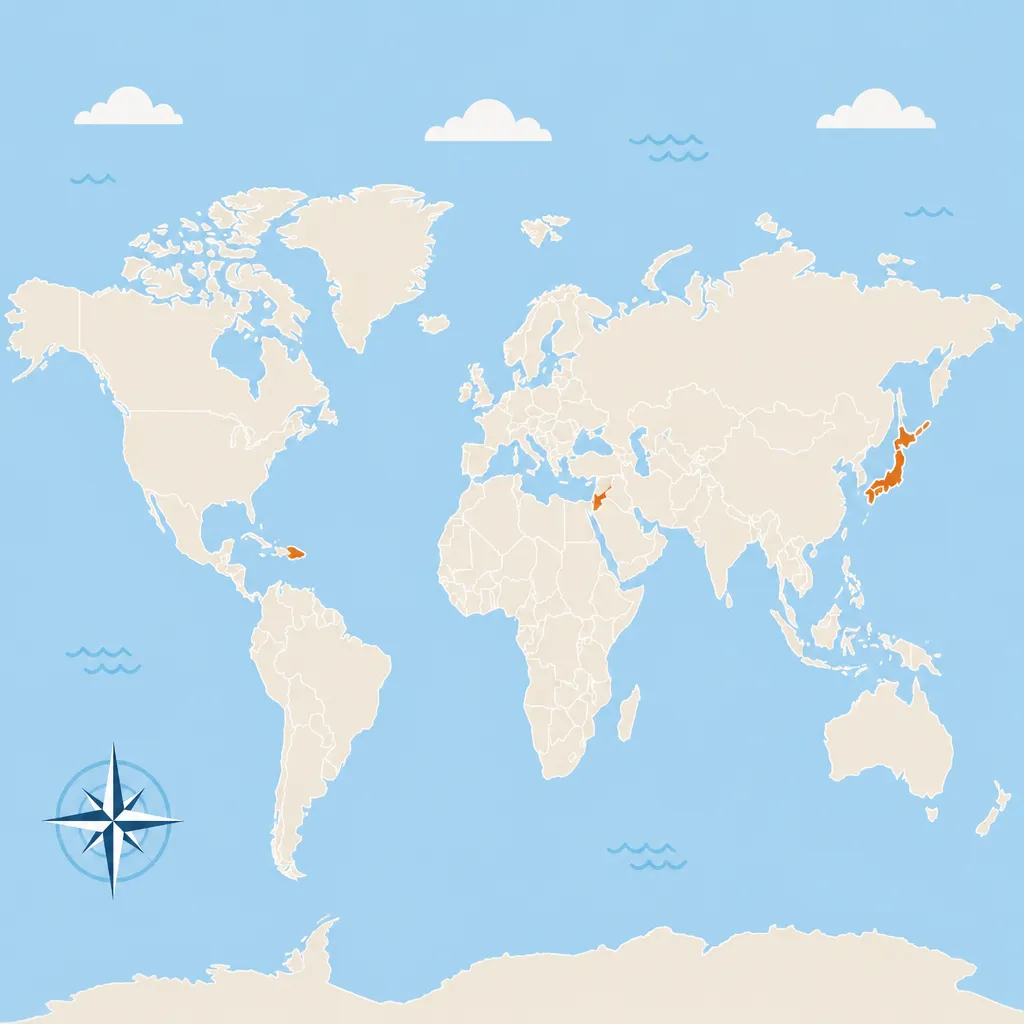 Weltkarte mit hervorgehobenen Ländern Jamaika, Japan, Jemen und Jordanien
