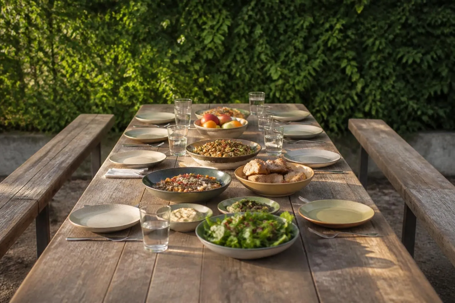 Langer Holztisch im Freien, gedeckt mit Schüsseln verschiedener Speisen, Brot, Obst und Wassergläsern, dahinter eine Hecke