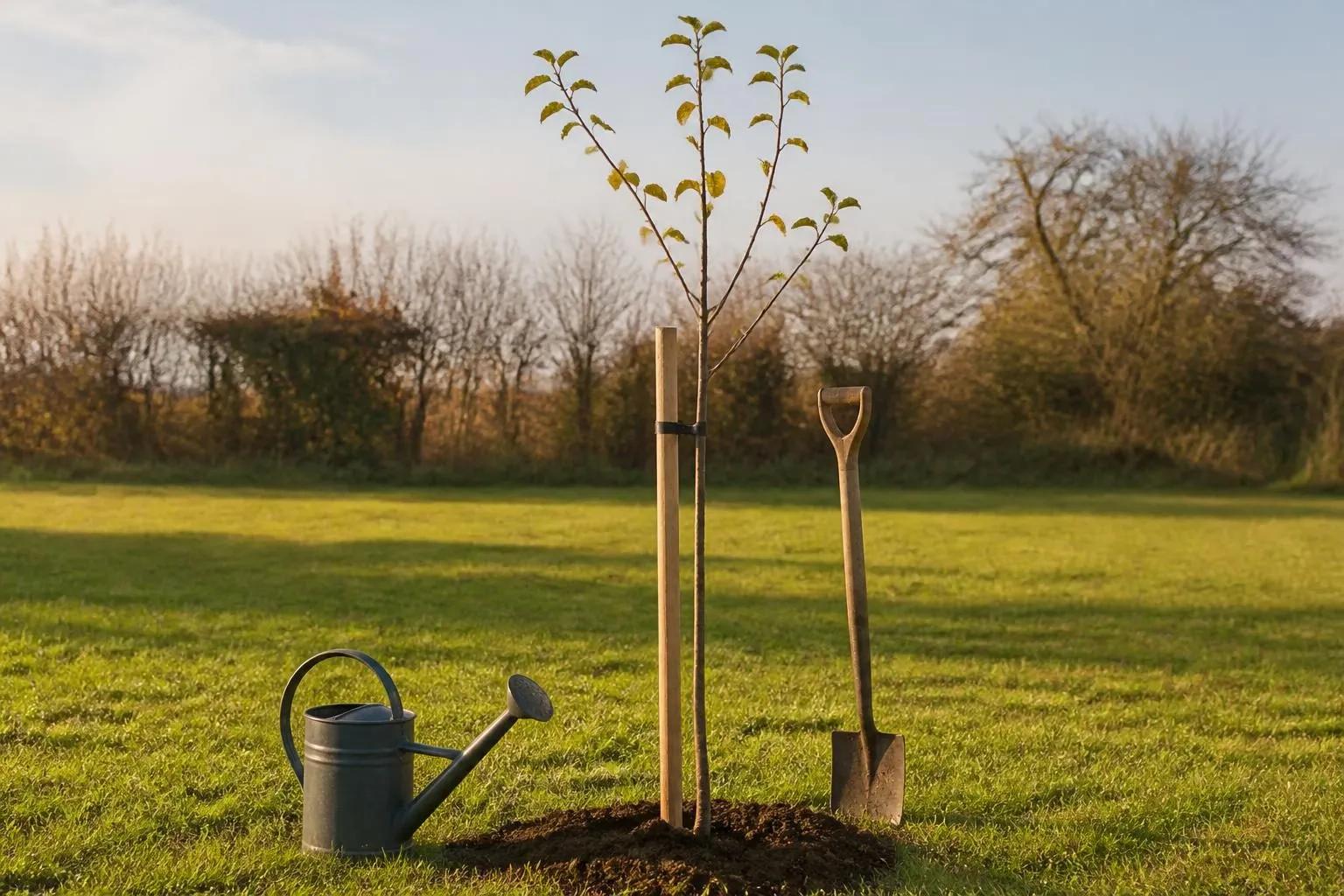 Frisch gepflanzter junger Obstbaum mit Stützpfahl auf einer Dorfwiese, daneben Gießkanne und Spaten im Oktoberlicht