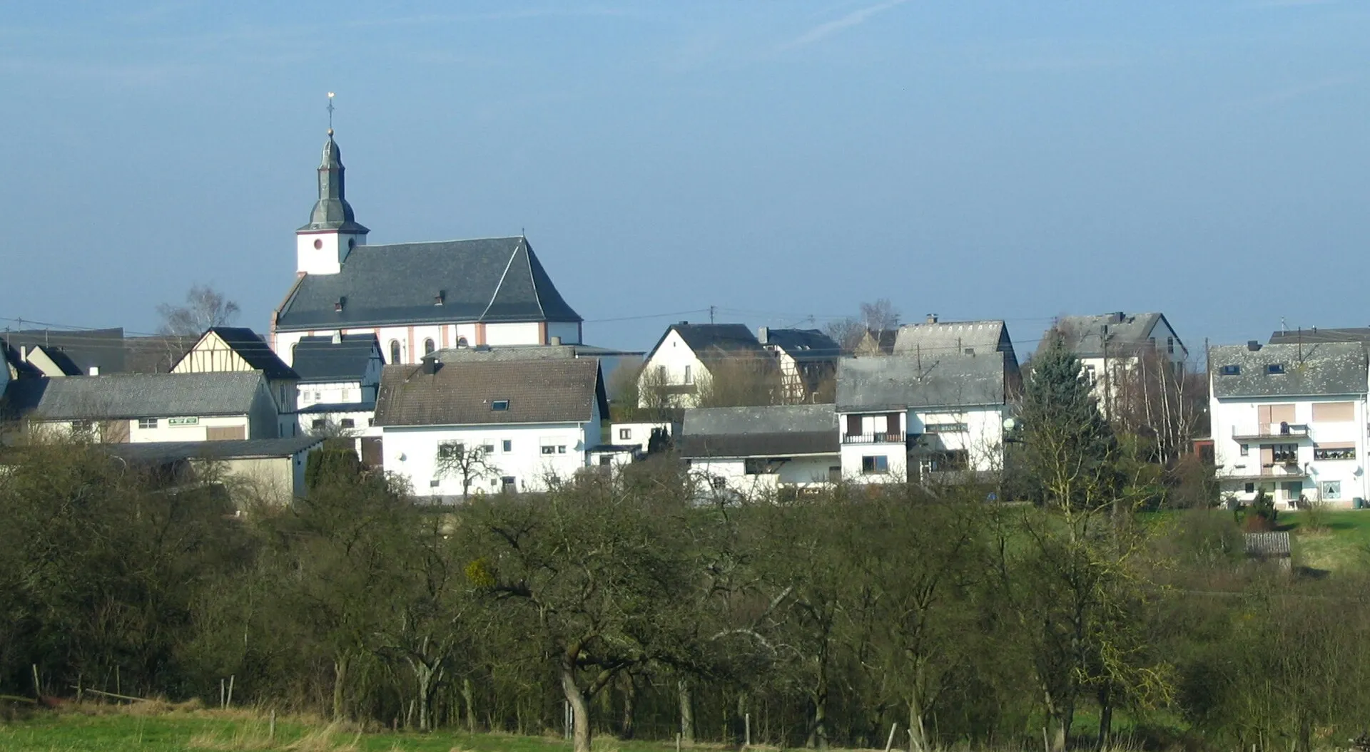 Dorfansicht mit heller Hallenkirche und schiefergedecktem Turmhelm, davor Wohnhäuser und Streuobstwiese mit kahlen Bäumen