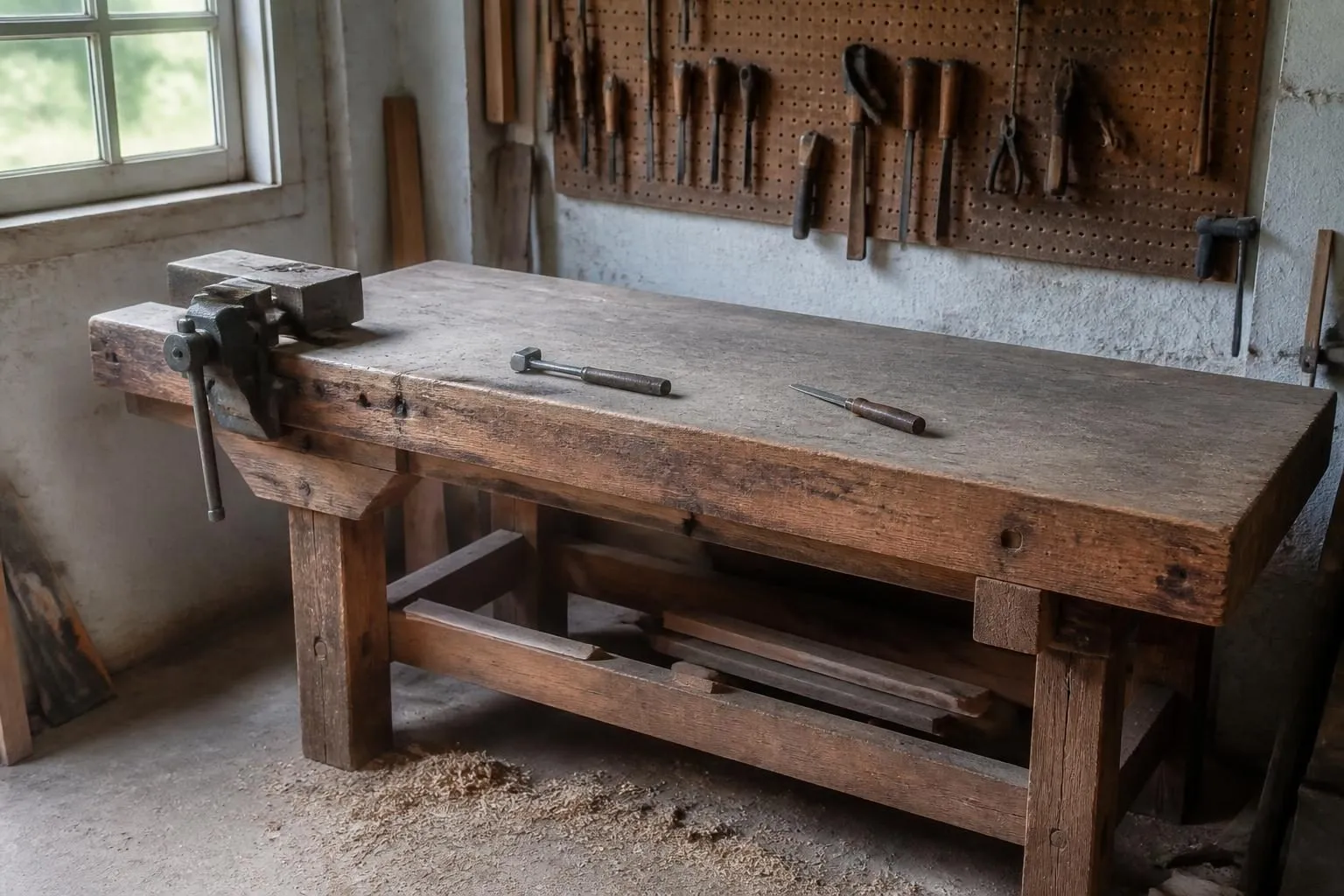 Leere Hobelbank mit Schraubstock in einer Werkstatt, dahinter Handwerkzeug an einer Lochplatte, Späne auf dem Boden