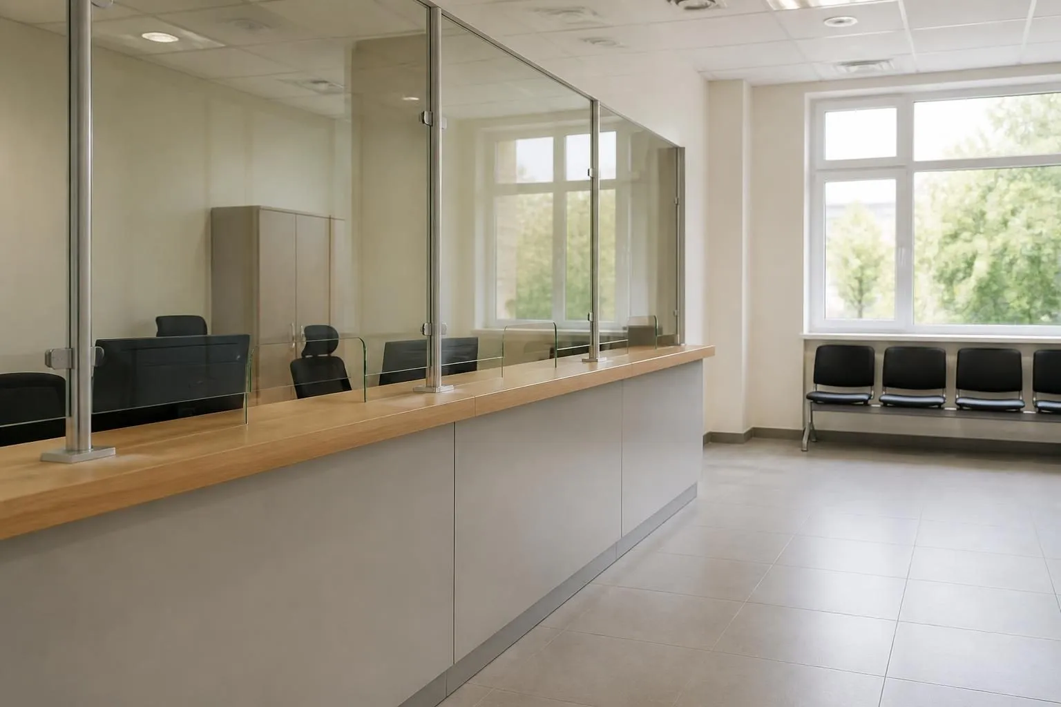 Leerer Schalter einer Verwaltung mit Glastrennwand, unbesetzte Bürostühle dahinter, eine leere Stuhlreihe am Fenster