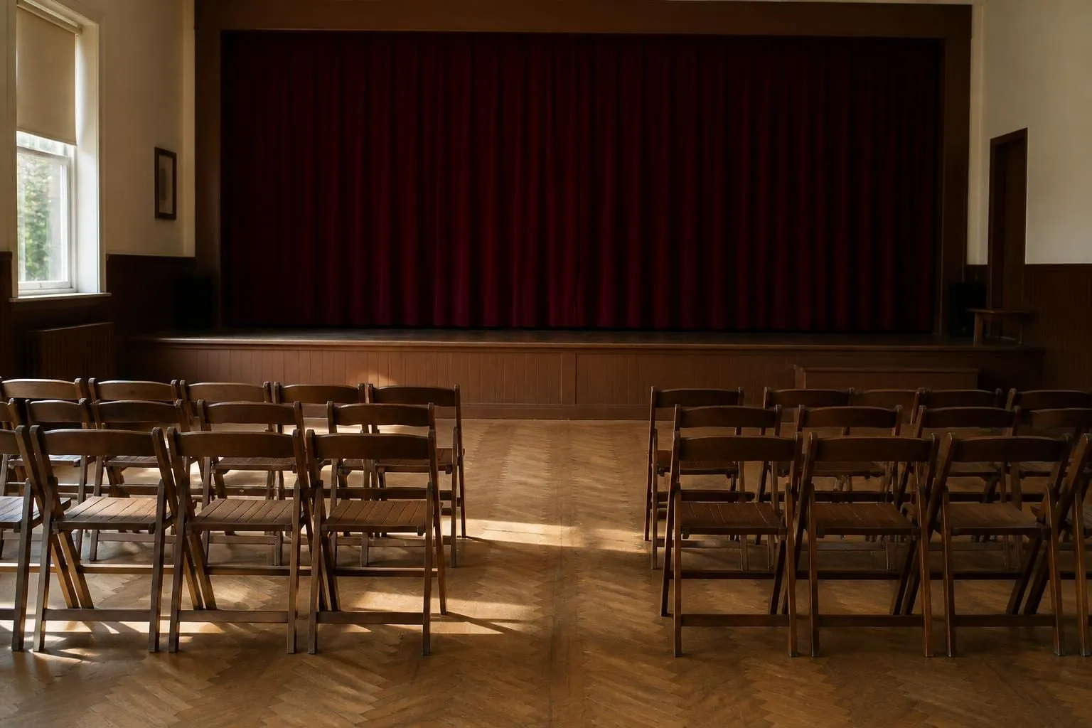 Reihen leerer Holzklappstühle in einem schlichten Saal vor einer niedrigen Bühne mit geschlossenem dunkelrotem Vorhang