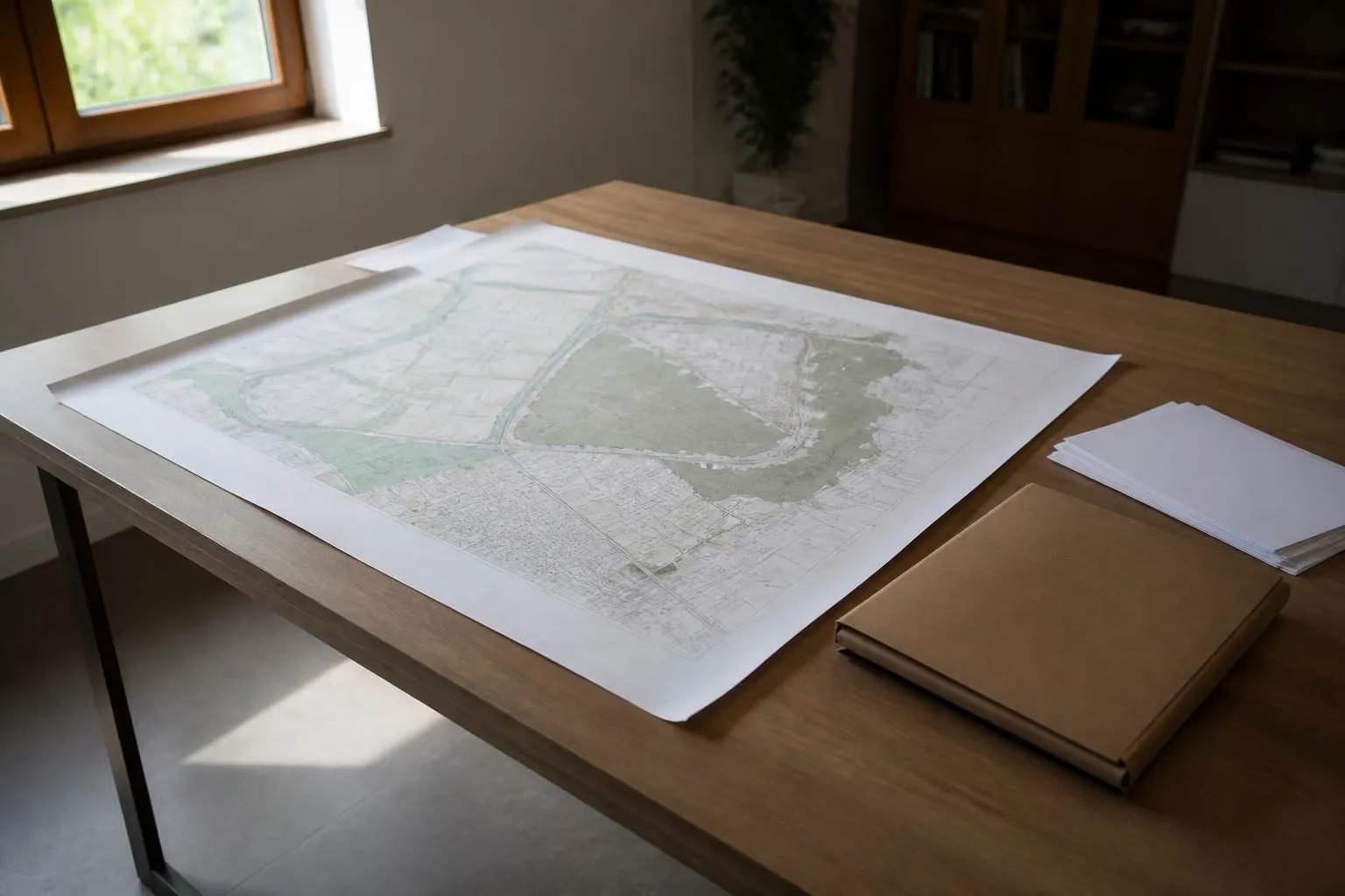 Große technische Planzeichnung auf einem Holztisch, daneben eine Mappe und ein Stapel leerer Blätter im Seitenlicht