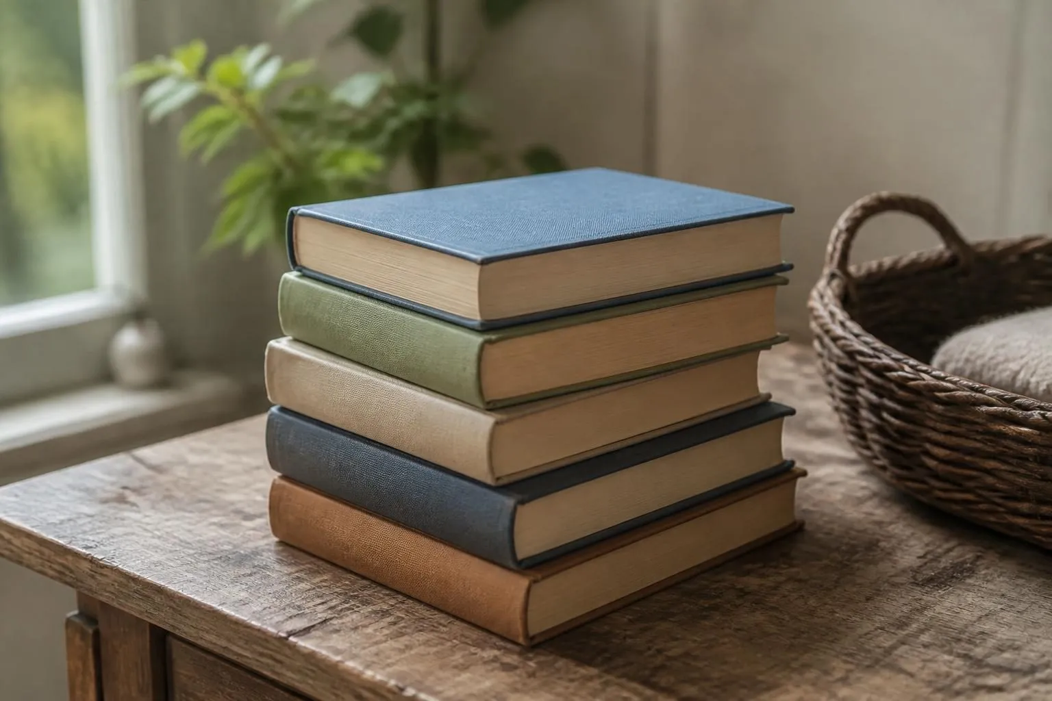Fünf gestapelte Bücher mit schlichten Leineneinbänden ohne Aufdruck auf einem Holztisch, daneben ein Weidenkorb
