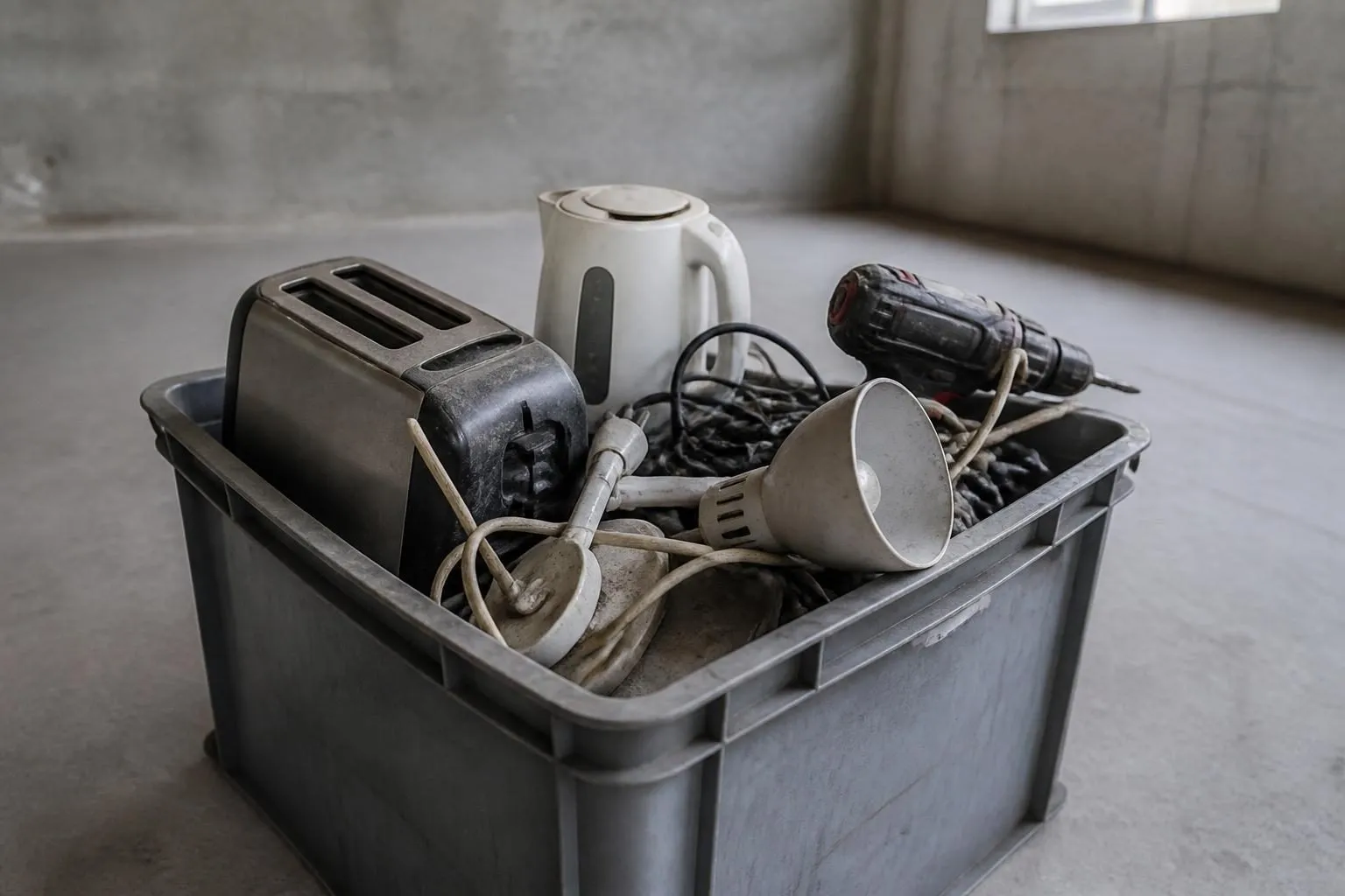 Ausgediente Elektrokleingeräte, Kabel und eine Schreibtischlampe in einer grauen Sammelkiste auf einem Betonboden