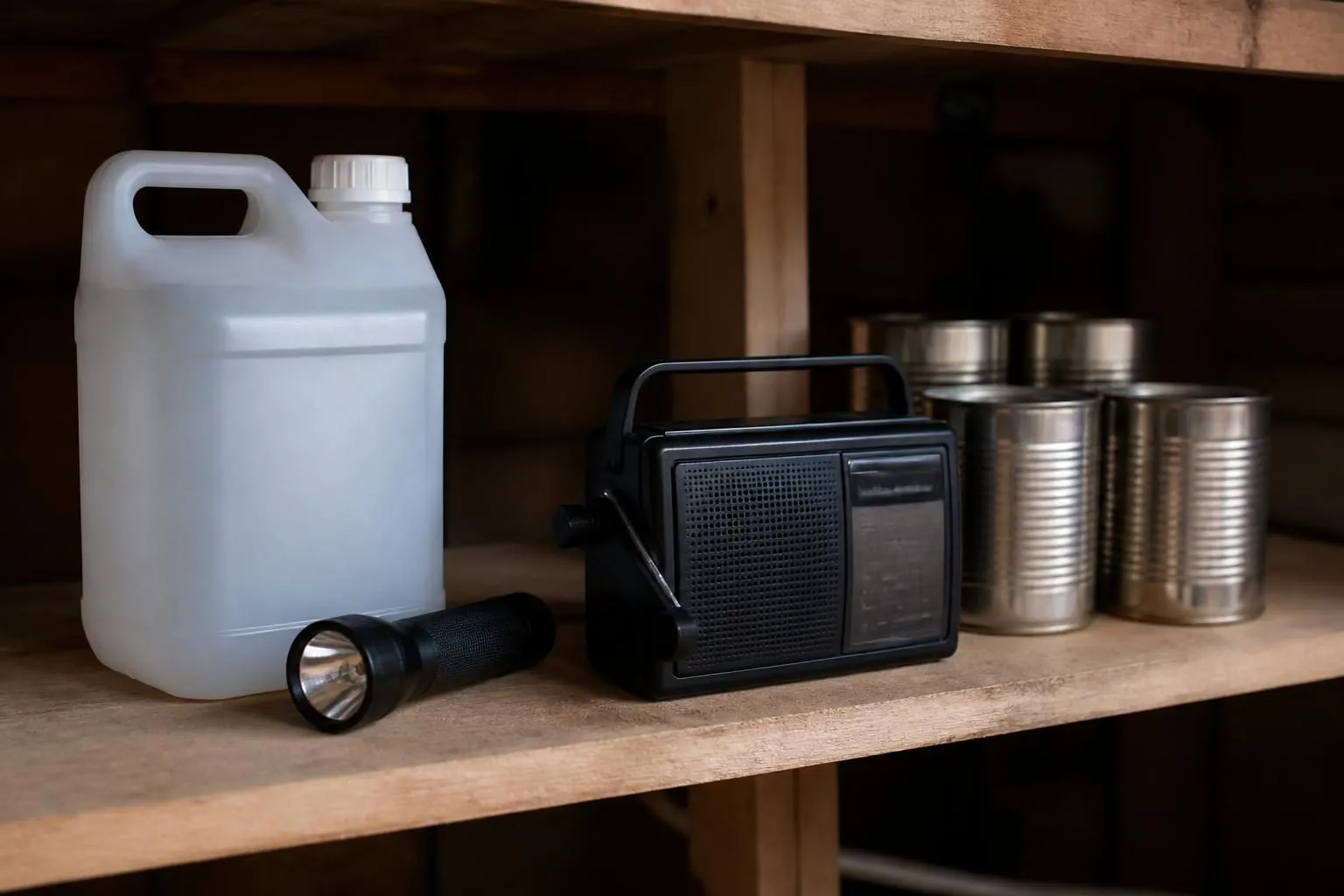 Wasserkanister, Taschenlampe, Kurbelradio und Konserven auf einem Kellerregal aus Holz