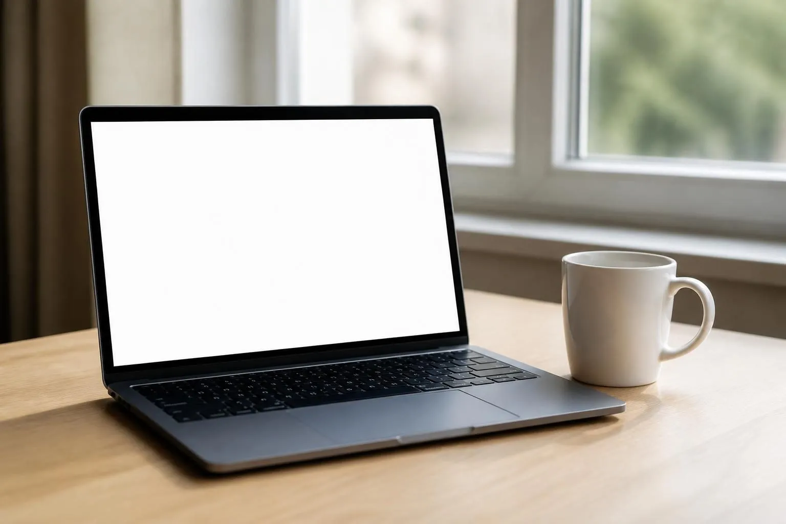 Aufgeklappter Laptop mit leerem Bildschirm auf einem hellen Holztisch am Fenster, daneben eine weiße Tasse
